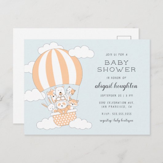 熱気の気球の動物のテーマのベビーシャワー インビテーションポストカード (正面/裏面)