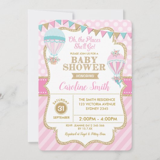 熱気の気球の女の子のベビーシャワーのパーティーの招待 招待状 (正面)