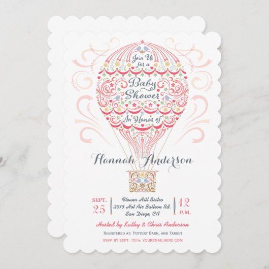 熱気の気球の女の赤ちゃんのシャワーの招待状 招待状 (正面/裏面)