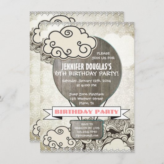 熱気の気球の子供の誕生日のパーティの招待状 招待状 (正面/裏面)