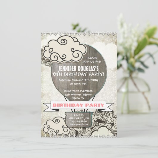 熱気の気球の子供の誕生日のパーティの招待状 招待状 (スタンド正面)