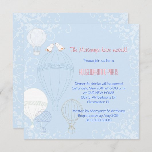 熱気の気球の引っ越し祝いパーティーのパーティーの鳥 招待状 (正面/裏面)