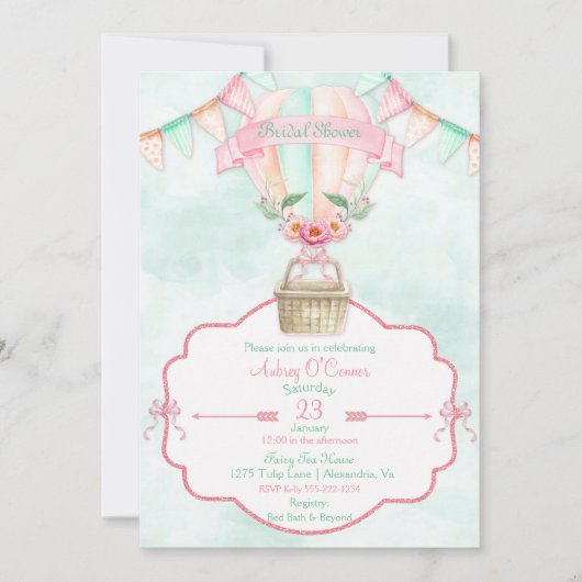 熱気の気球の水彩画のピンクのミントのモモ 招待状 (正面)