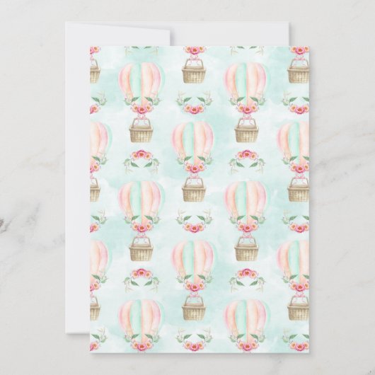 熱気の気球の水彩画のピンクのミントのモモ 招待状 (裏面)