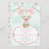 熱気の気球の水彩画のピンクのミントのモモ 招待状 (正面/裏面)