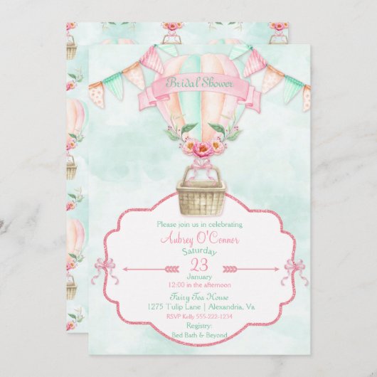 熱気の気球の水彩画のピンクのミントのモモ 招待状 (正面/裏面)