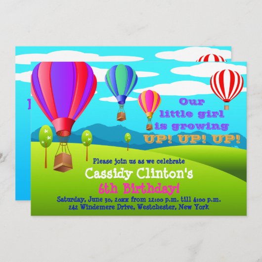 熱気の気球の第6誕生日のパーティの招待状 招待状 (正面/裏面)