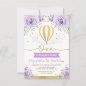熱気の気球の紫色の金ゴールドの花柄の第1誕生日 招待状 (正面)