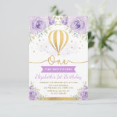 熱気の気球の紫色の金ゴールドの花柄の第1誕生日 招待状 (スタンド正面)
