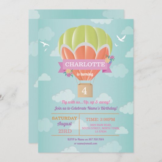 熱気の気球の誕生会の乗車のはえの雲 招待状 (正面/裏面)