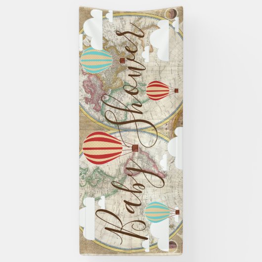 熱気の気球及びヴィンテージの世界地図のベビーシャワー 横断幕 (縦)