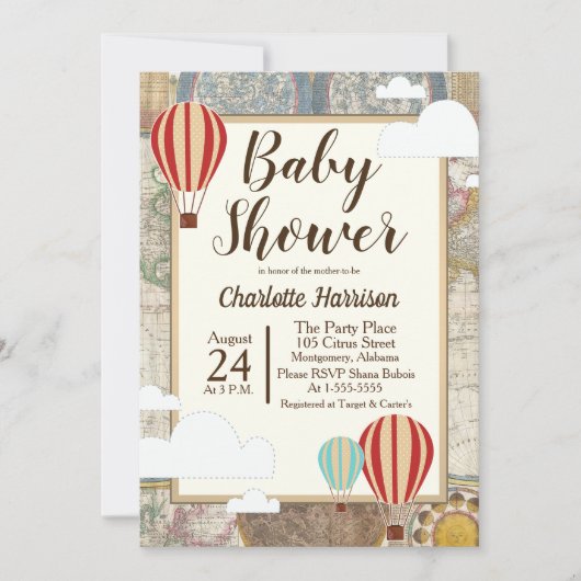 熱気の気球及び世界地図のヴィンテージの冒険 招待状 (正面)