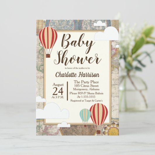 熱気の気球及び世界地図のヴィンテージの冒険 招待状 (スタンド正面)