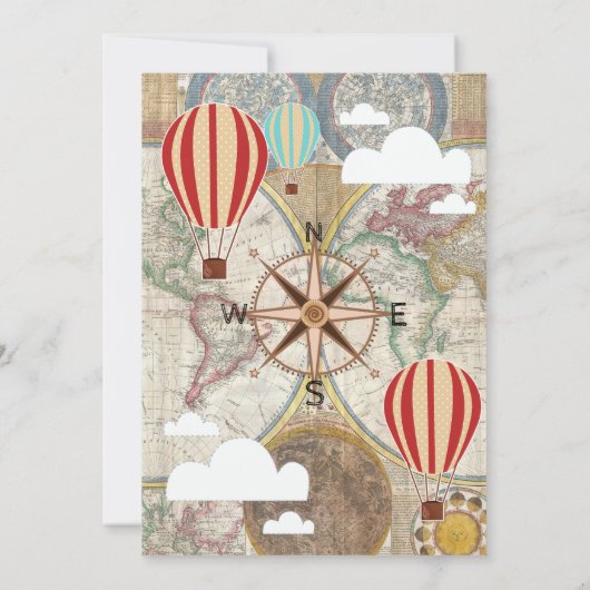 熱気の気球及び世界地図のヴィンテージの冒険 招待状 (裏面)