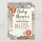 熱気の気球及び世界地図のヴィンテージの冒険 招待状 (正面/裏面)