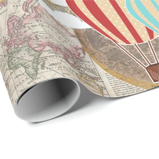 熱気の気球及び世界地図のヴィンテージの旅行者 ラッピングペーパー (ロールコーナー)