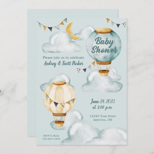 熱気球お洒落赤ちゃんシャワー招待状 招待状 (正面/裏面)