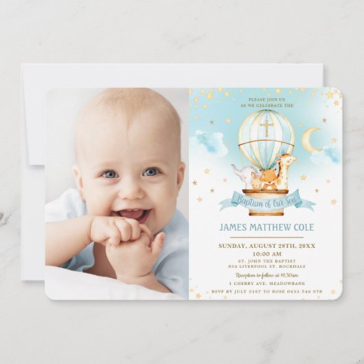 熱気球かわいい動物バプテスマ《キリスト教》洗礼式や命名式 招待状 (正面)