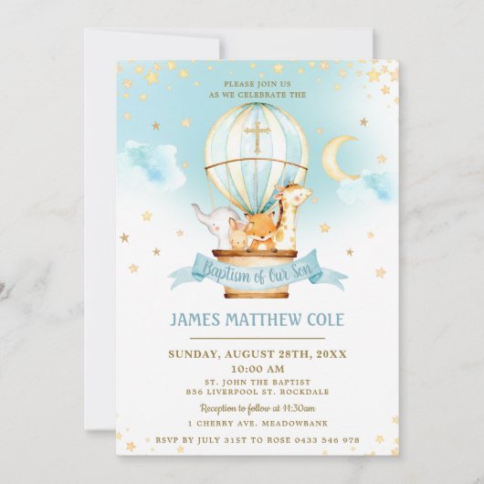 熱気球かわいい動物バプテスマ《キリスト教》洗礼式や命名式 招待状 (正面)