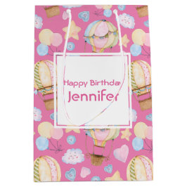 熱気球かわいい水の色パターン誕生日 ミディアムペーパーバッグ