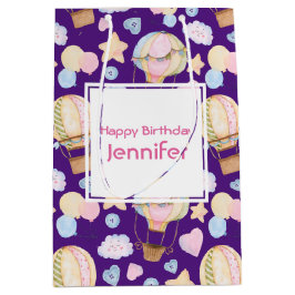 熱気球かわいい水の色パターン誕生日 ミディアムペーパーバッグ