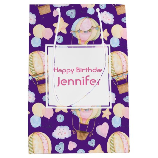 熱気球かわいい水の色パターン誕生日 ミディアムペーパーバッグ (正面)