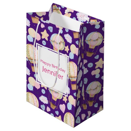 熱気球かわいい水の色パターン誕生日 ミディアムペーパーバッグ (正面アングル)