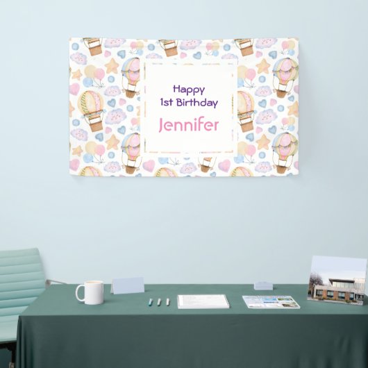 熱気球かわいい水の色パターン誕生日 横断幕 (トレードショー)