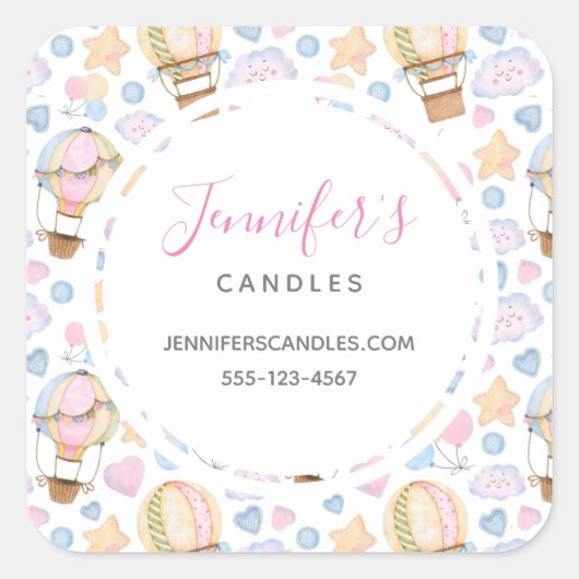 熱気球かわいい水彩絵柄ビジネス スクエアシール (正面)