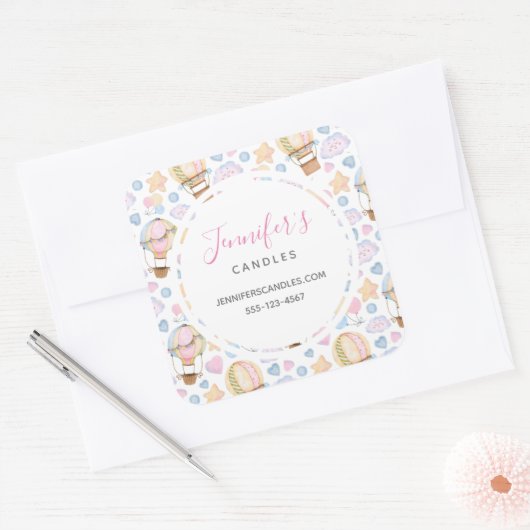 熱気球かわいい水彩絵柄ビジネス スクエアシール (封筒)