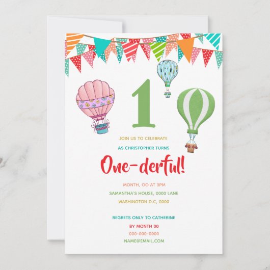 熱気球が最初の誕生日の少女に旗を立てる 招待状 (正面)