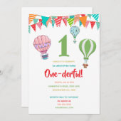 熱気球が最初の誕生日の少女に旗を立てる 招待状 (正面/裏面)