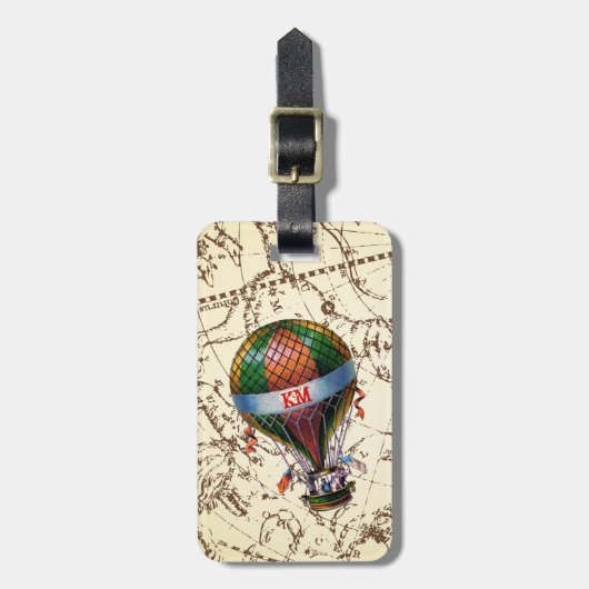 熱気球が〔占星術の〕十二宮図空に浮かぶパーソナライズ ラゲッジタグ (正面縦)
