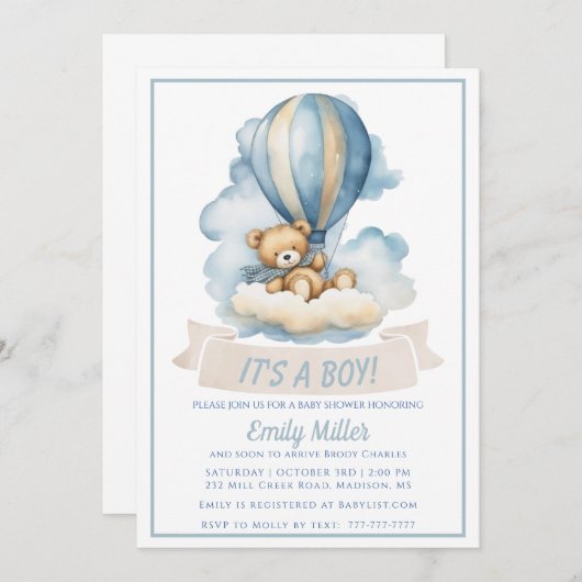 熱気球とクマの赤ちゃんシャワー 招待状 (正面/裏面)
