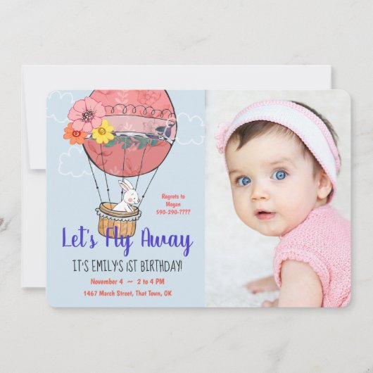 熱気球とバニーファースト誕生日 招待状 (正面)