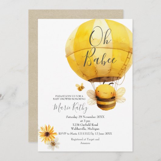 熱気球とビーデイジーベビーシャワー 招待状 (正面/裏面)