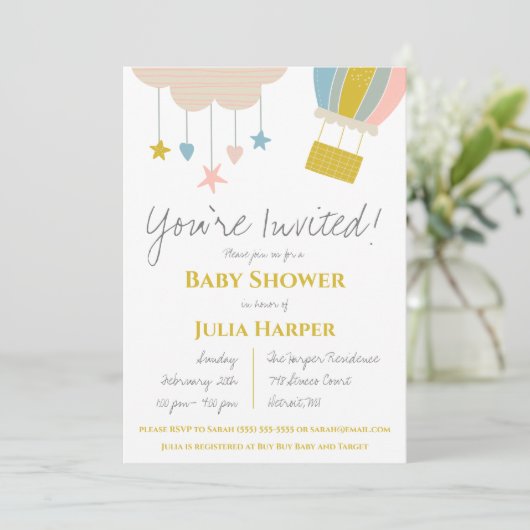 熱気球と雲の赤ちゃん男女兼用シャワー 招待状 (スタンド正面)