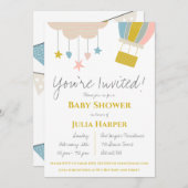 熱気球と雲の赤ちゃん男女兼用シャワー 招待状 (正面/裏面)