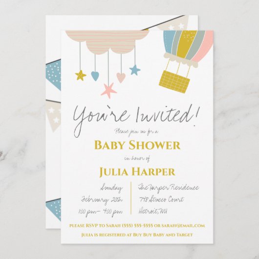 熱気球と雲の赤ちゃん男女兼用シャワー 招待状 (正面/裏面)