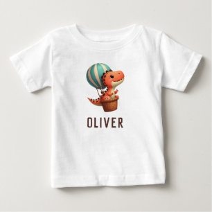 熱気球に乗って飛ぶかわいい恐竜 ベビーTシャツ