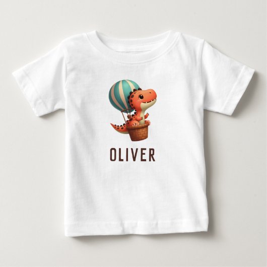 熱気球に乗って飛ぶかわいい恐竜 ベビーTシャツ (正面)