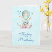熱気球に乗るかわいいバニー誕生日 カード (黄色い花)