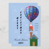 熱気球に包まれたメリークリスマスの漫画サンタ シーズンカード (正面/裏面)