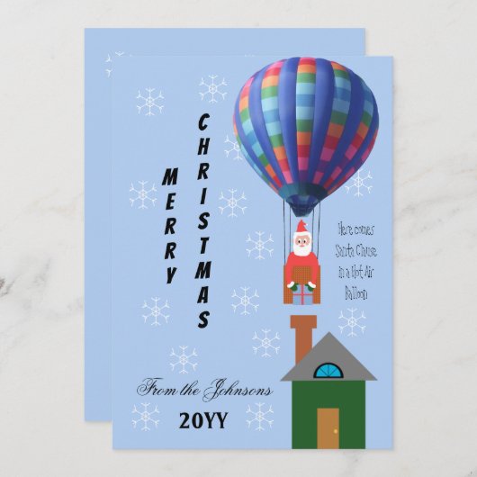 熱気球に包まれたメリークリスマスの漫画サンタ シーズンカード (正面/裏面)