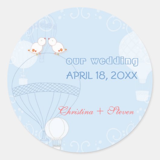 熱気球に浮かぶロマンチックな結婚鳥 ラウンドシール (正面)