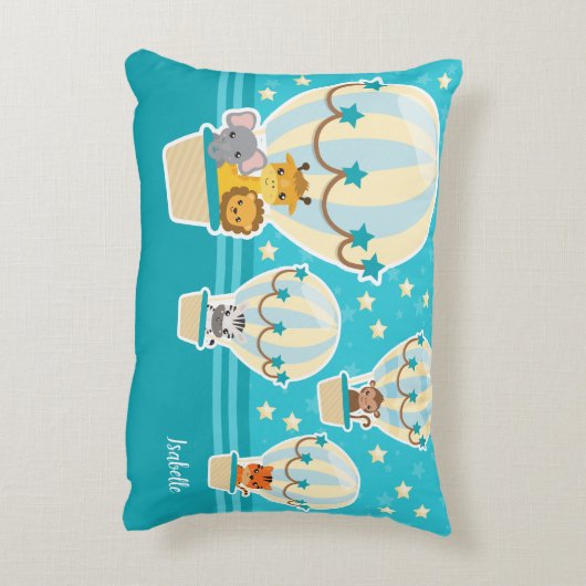 . .熱気球に飛んでいるうっとりするかわいいジャングル動物 アクセントクッション (裏面(縦))