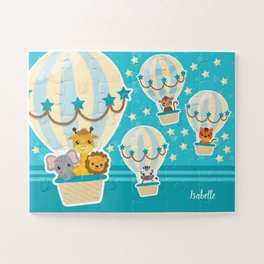 . .熱気球に飛んでいるうっとりするかわいいジャングル動物 ジグソーパズル (横)