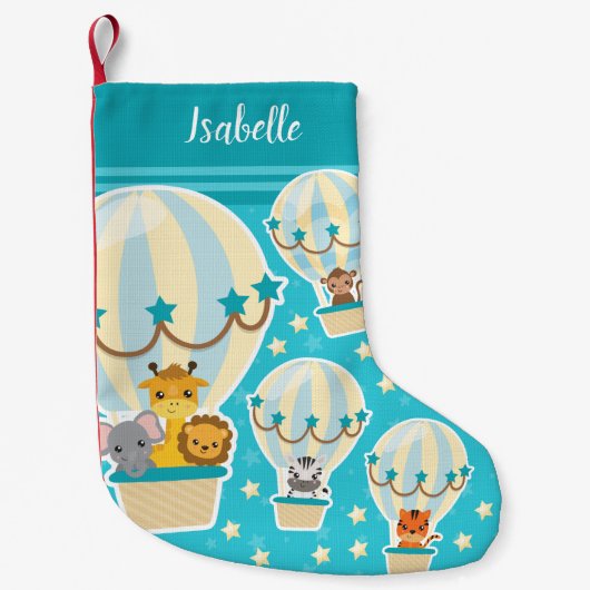 . .熱気球に飛んでいるうっとりするかわいいジャングル動物 スモールクリスマスストッキング (正面)