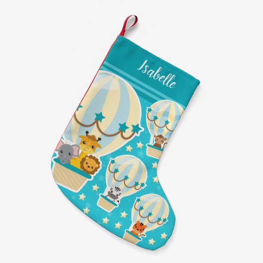 . .熱気球に飛んでいるうっとりするかわいいジャングル動物 スモールクリスマスストッキング (正面 (吊り時))
