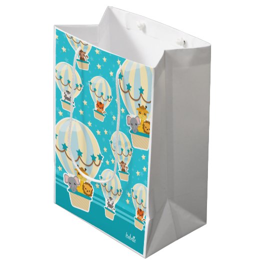 . .熱気球に飛んでいるうっとりするかわいいジャングル動物 ミディアムペーパーバッグ (正面アングル)